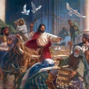 Lorsque Jésus arriva dans le temple de Jérusalem auprès des marchands quelle fut sa réaction?